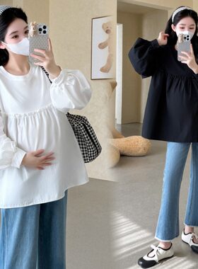 孕妇装春装时尚简约休闲长袖上衣宽松大码百搭娃娃衫春秋怀孕衣服