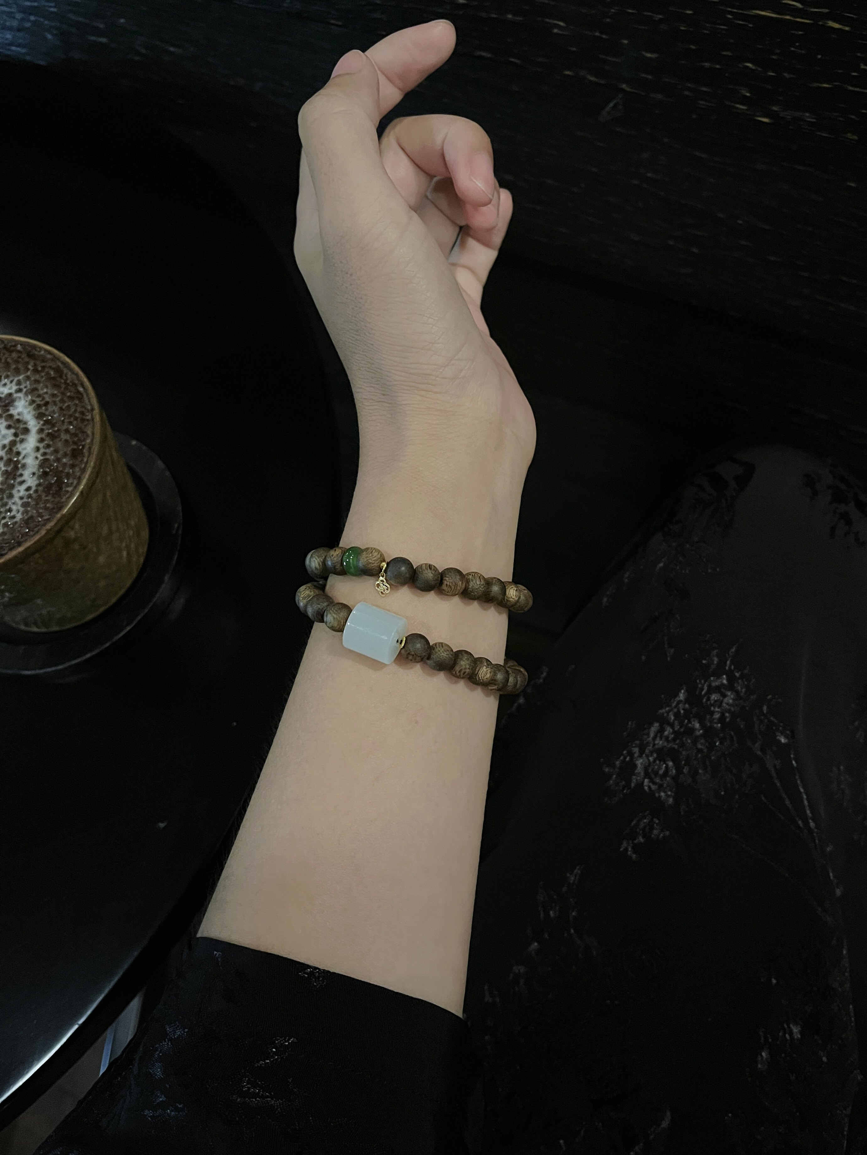 「晚风来」18K金绿奇楠沉香九分沉双圈手串（7mm）
