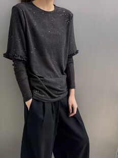 深圳南油Dress Queen正品2026新款烫银网纱圆领长袖T恤上衣