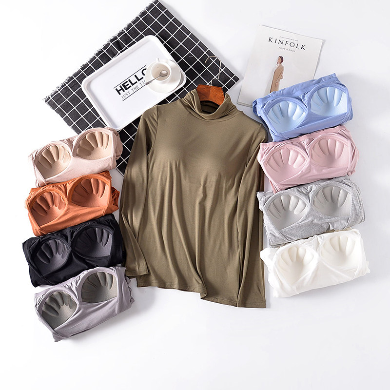 秋款莫代尔高领长袖带胸垫t恤女无钢圈罩杯一体打底衫免文胸秋衣,女士内衣/男士内衣/家居服,吊带/背心/T恤/打底/肌底衣,淘宝优惠券,粉丝福利购,淘宝优惠卷