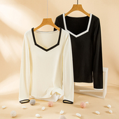 内搭T恤加绒上衣 打底衫 女秋冬季 天丝发热棉带胸垫撞色镶边V领长袖