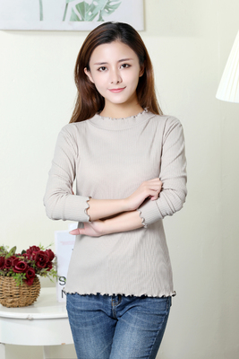 纯棉带胸垫罩杯一体螺纹长袖T恤