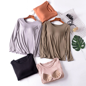 内衣打底衫 带胸垫上衣莫代尔圆领长袖 t恤女士秋衣免穿文胸一体式