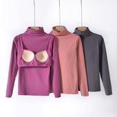 发热保暖长袖 冬女士双面加绒德绒带胸垫半高领修身 打底衫 T恤上衣