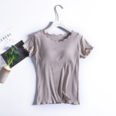 家居服瑜伽半袖 春夏新款 打底衫 袖 上衣 螺纹带胸垫罩杯一体圆领短袖