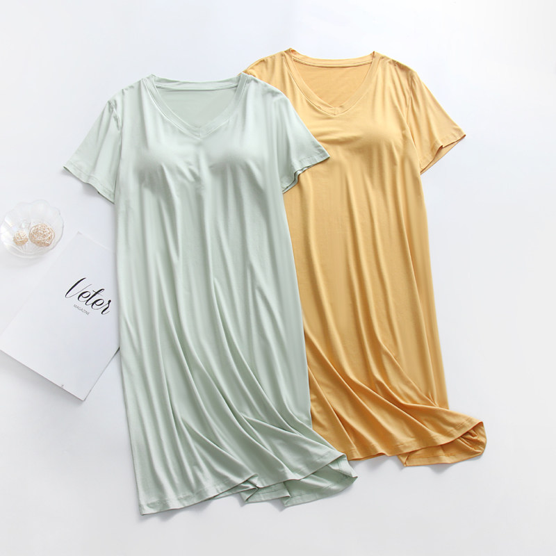 夏清新韩版莫代尔纯色带胸垫宽松V领薄款短袖家居服睡衣长裙睡裙,女士内衣/男士内衣/家居服,睡裙,淘宝优惠券,粉丝福利购,淘宝优惠卷