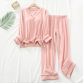 女士秋冬季 可外穿 V领家居服套装 德绒带胸垫罩杯一体加绒长袖 长裤