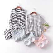 纯棉长袖 条纹可外穿 家居服女带胸垫罩杯免穿文胸秋冬打底圆领大码