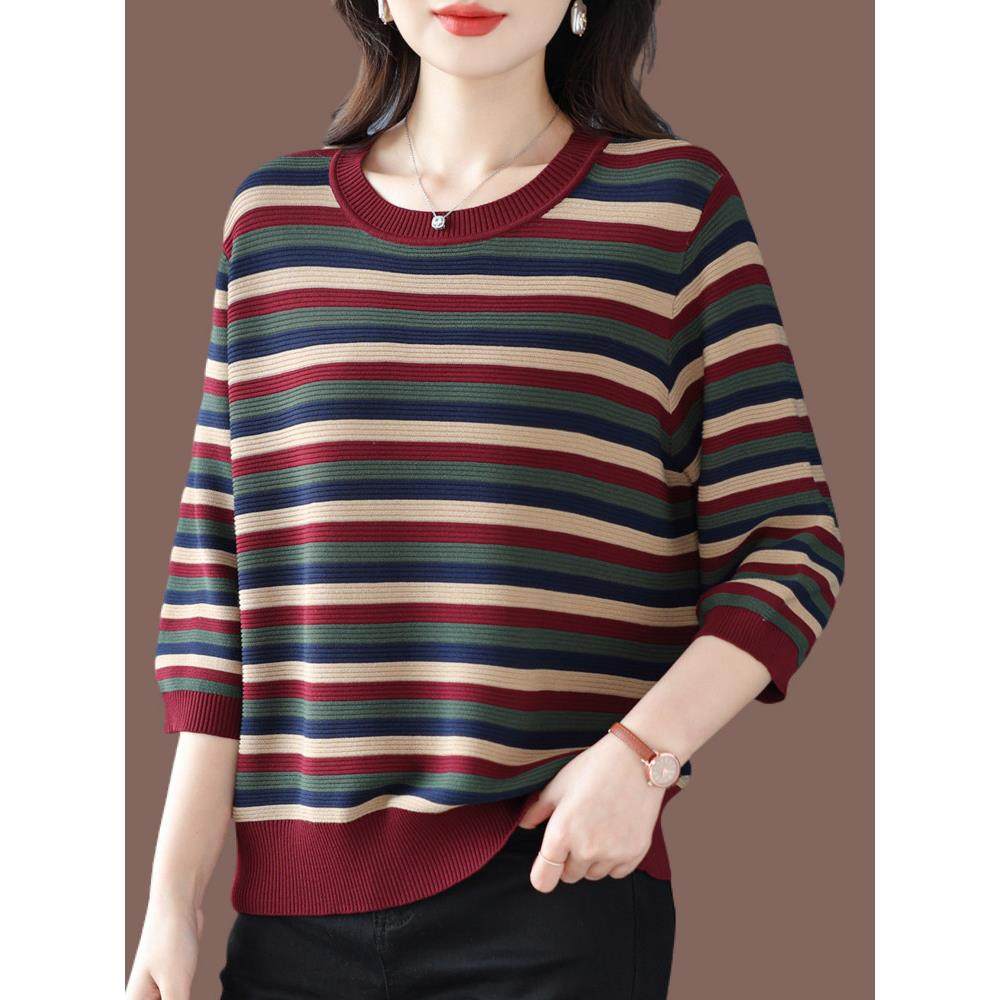 春秋季新款桑蚕丝T恤女宽松上衣妈妈七分袖洋气针织冰丝条纹显瘦