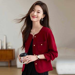 红色小香风外套女春季2025新款小个子外搭开衫韩系短款针织衫上衣