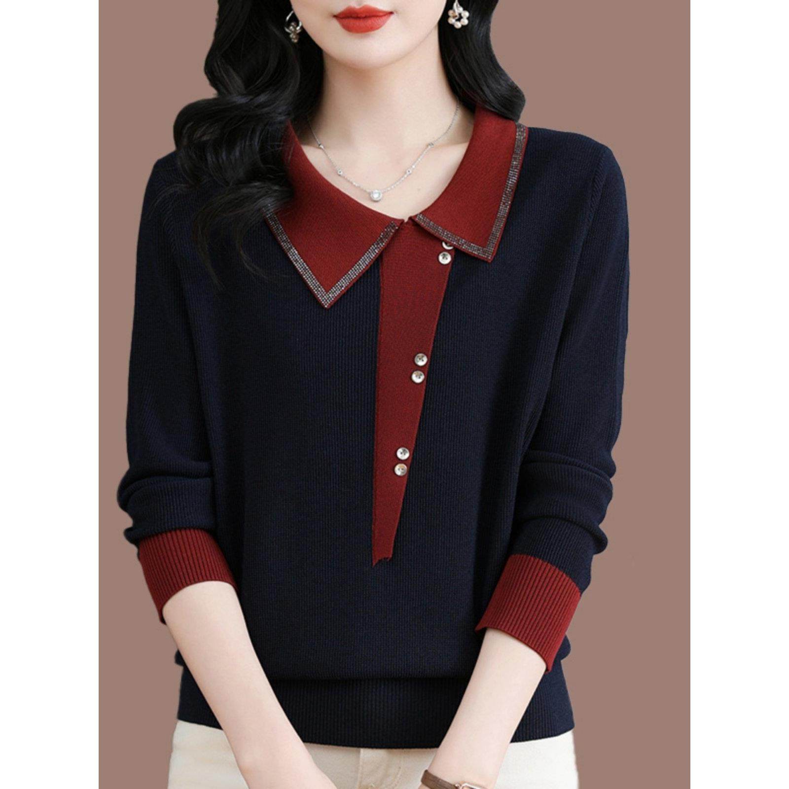 高档桑蚕丝针织衫女春秋新款妈妈装时尚大码翻领上衣洋气长袖t恤