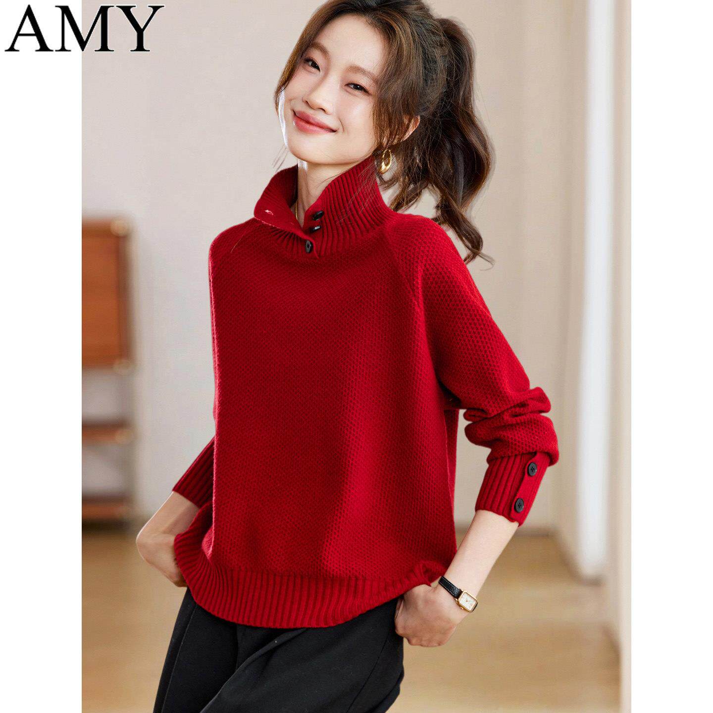 2025冬装新款跨年红色半高领毛衣打底超好看显瘦通勤针织上衣女装
