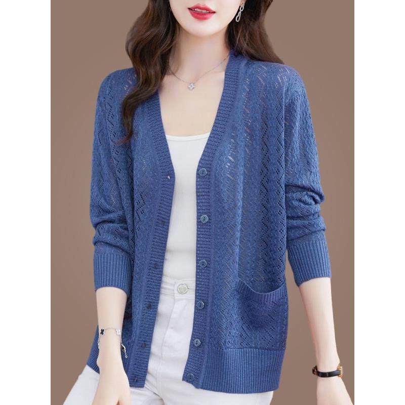 高端市秋季薄款桑蚕丝针织开衫中年女大码镂空外搭防晒衫冰丝