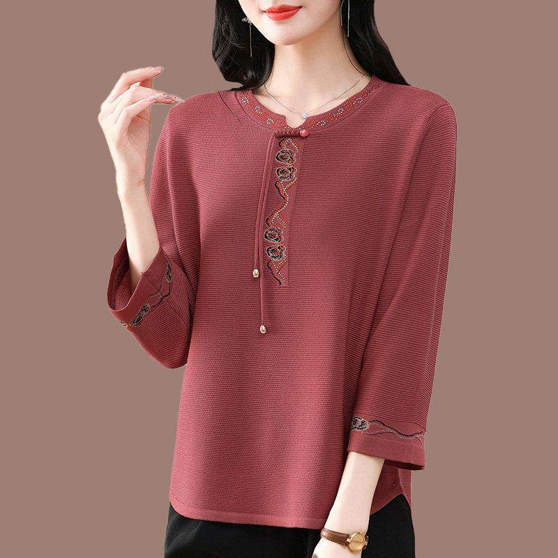 中老年洋气妈妈七分袖t恤春秋宽松针织衫女高贵桑蚕丝遮肚上衣