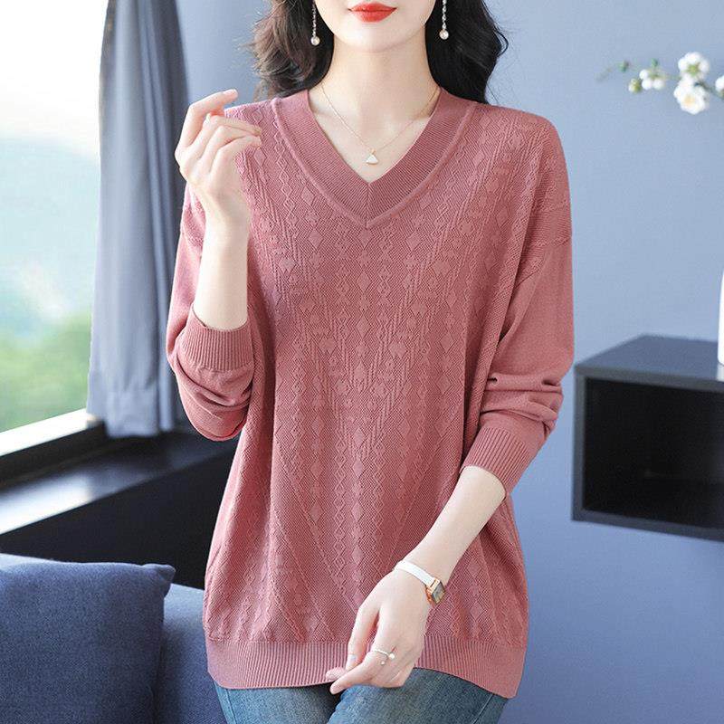 冰丝针织衫V领长袖上衣女春季新款妈妈宽松加大码薄款洋气打底衫