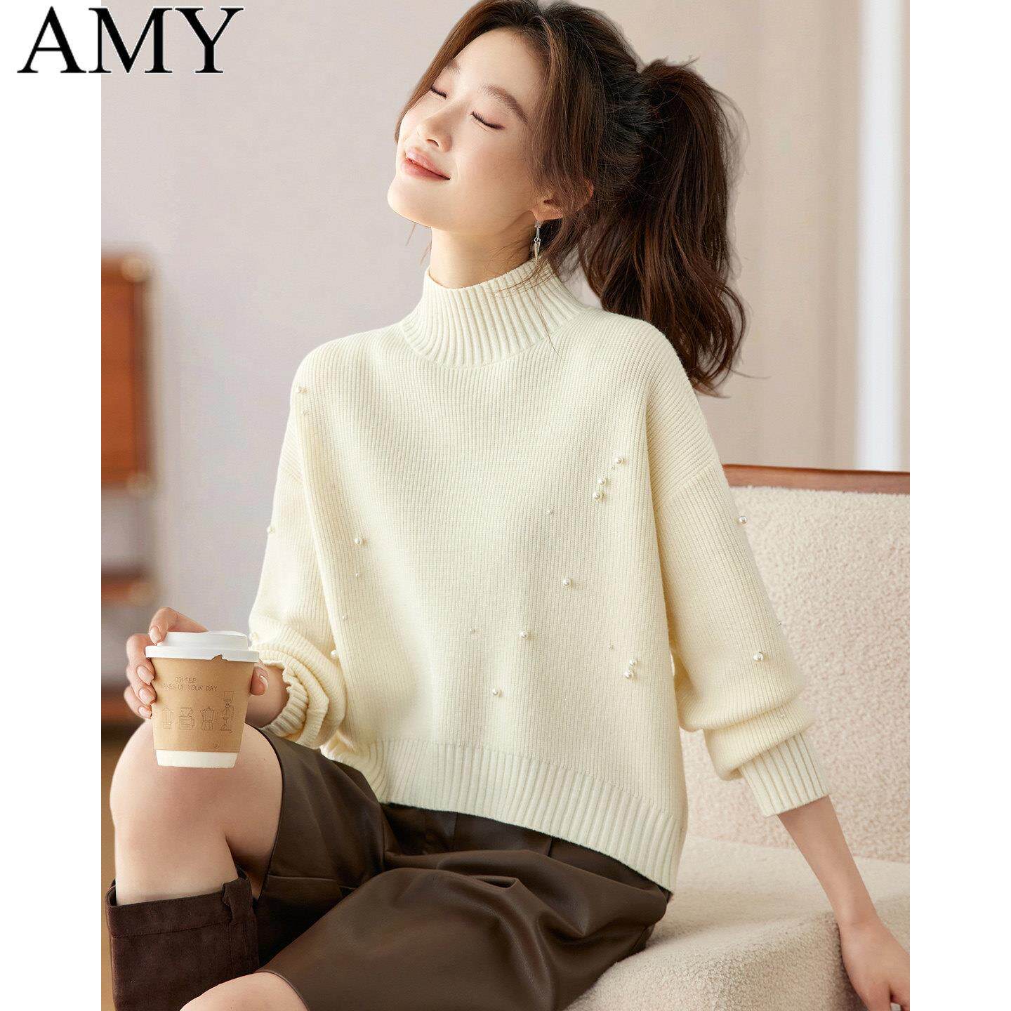 2025冬装新款基础款打底针织衫上衣宽松遮肉别致钉珠半高领毛衣女