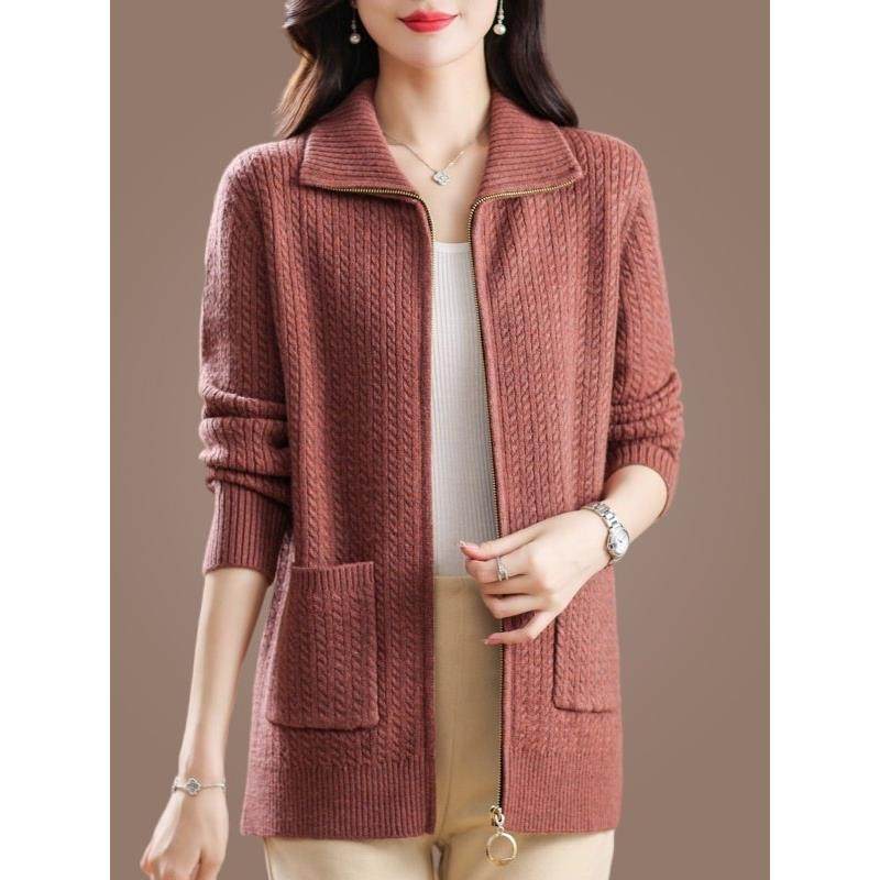 羊毛针织开衫女春秋2025新款大码中年妈妈拉链翻领毛衣外套中长款
