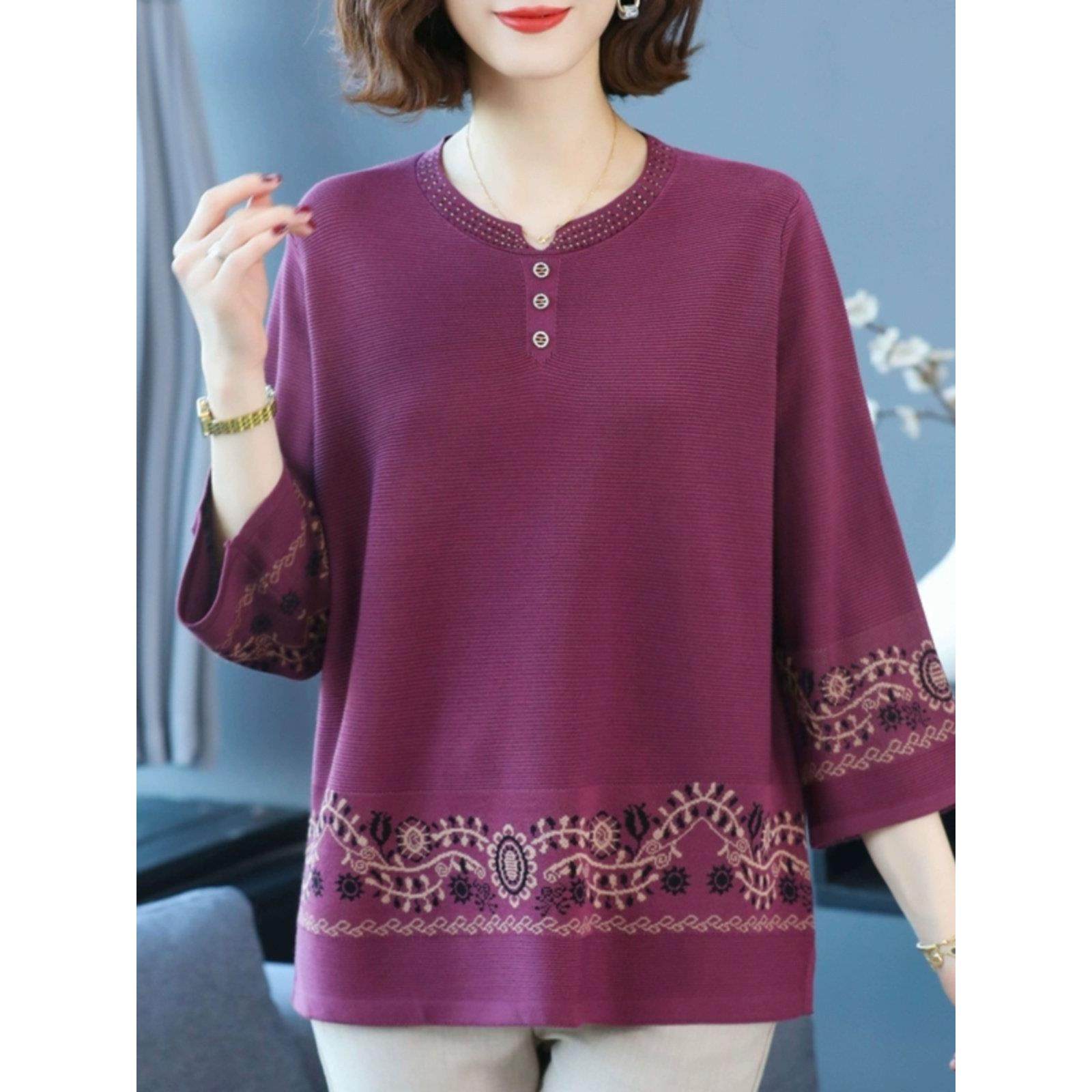 加肥大码女装200斤中老年洋气妈妈七分袖上衣秋宽松遮肚桑蚕丝t恤