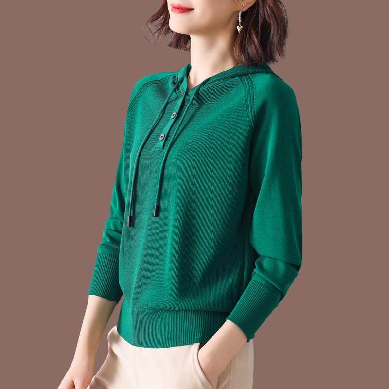 桑蚕丝连帽冰丝针织衫毛衣春秋新款女士内搭打底衫带帽桑蚕丝小衫