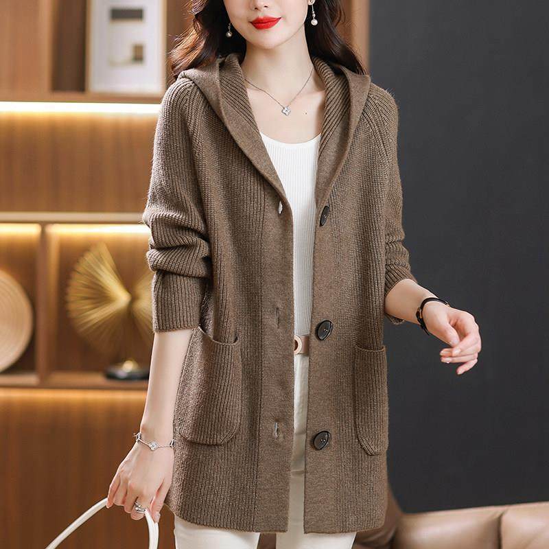 中年妈妈连帽针织开衫女中长款羊毛外搭披肩宽松大码秋冬毛衣外套