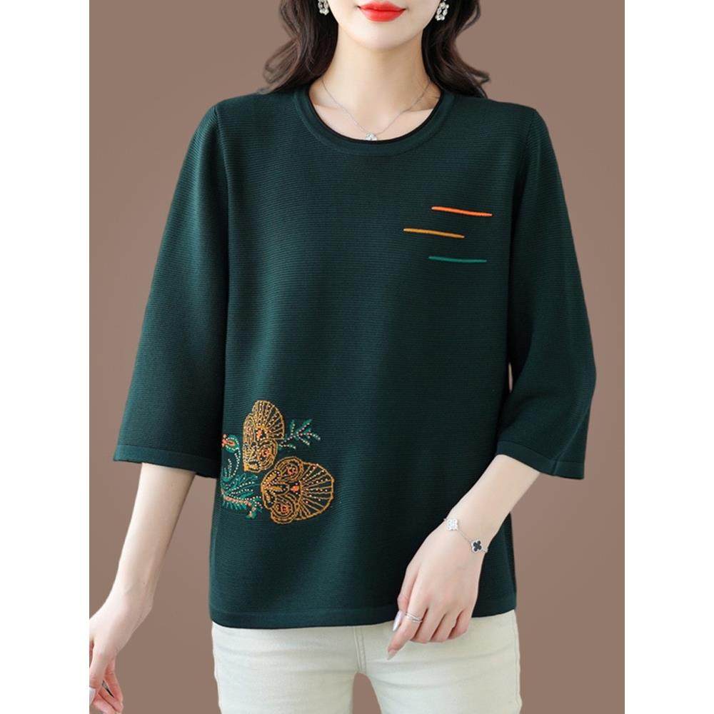 七分袖桑蚕丝上衣女春秋宽松大码洋气冰丝针织衫中老年妈妈装T恤