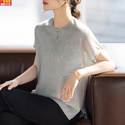 妈妈款洋气高贵小衫冰丝t恤宽松上衣中老年女士夏装短袖套装新款