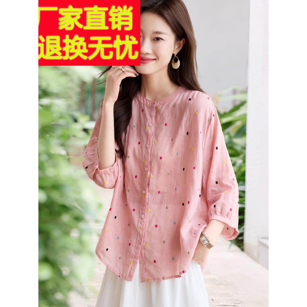 2025夏季新款小别致绣花圆点苎麻t恤减龄微胖盖腹上衣，适合身材