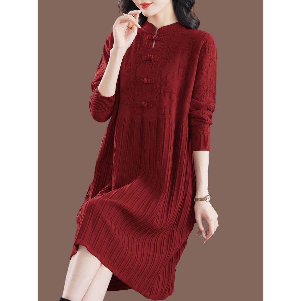 胖mm加大码针织羊毛衫女中长款连衣裙中式复古风盘扣羊绒毛衣遮肉