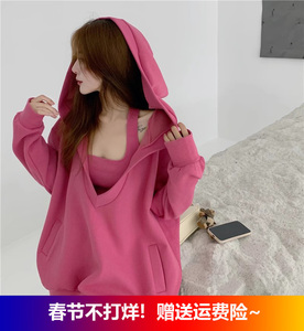 高级感粉色V领连帽卫衣套装2023年秋冬新款女减龄加厚卫衣套装潮