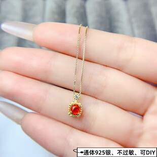 925银圆形4*4mm吊坠红色蓝宝石女复古时尚轻奢百搭款生日节日礼物