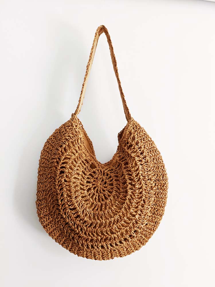 外贸包2025夏季新款民族风手勾草编包 单肩女包 圆形草包 沙滩包