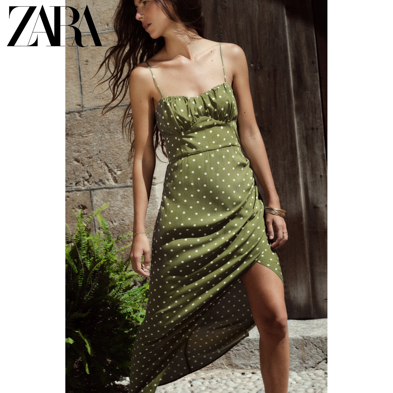 ZARA24夏季新品 女装 波点紧身吊带迷笛连衣裙 3044768 071