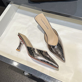 懒人百搭半拖凉拖 外穿气质尖头细跟高跟鞋 网红包头半拖鞋 女夏时尚