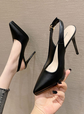 尖头防水台包头凉鞋后空一字带细跟高跟鞋女百搭气质黑色职业单鞋
