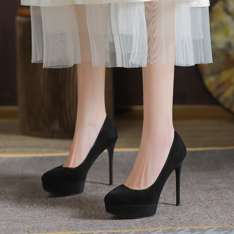 2026新款气质尖头12CM黑色超高跟鞋女性感细跟防水台百搭职业单鞋