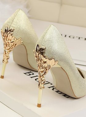 春秋韩版性感雕花金色高跟婚鞋