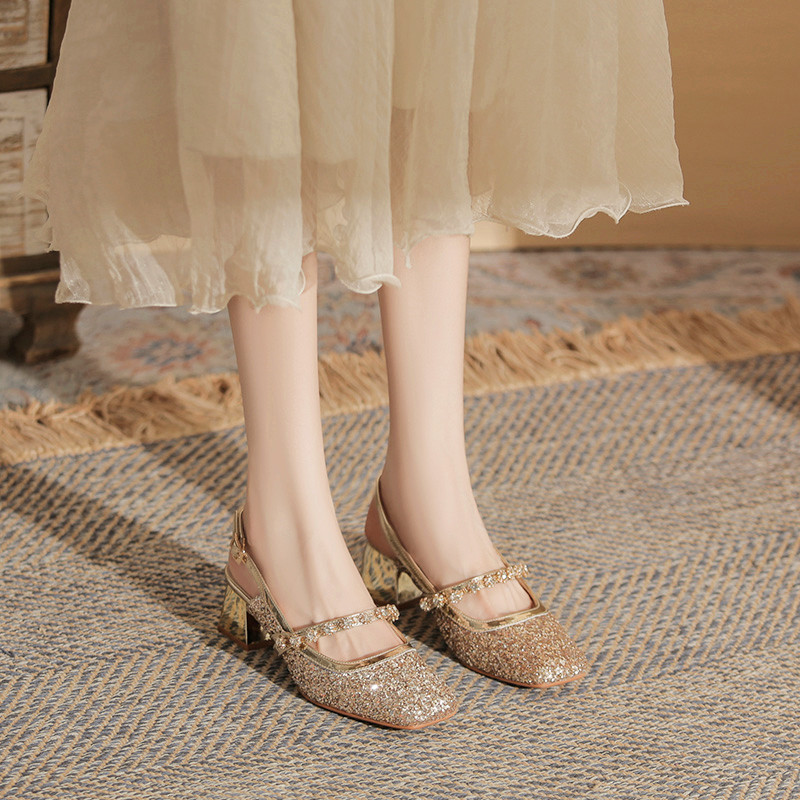 粗跟水钻乳胶方头亮片高跟鞋凉鞋