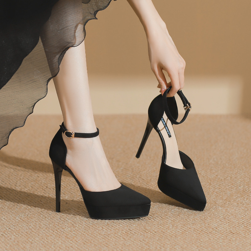 黑色防水台高跟鞋女2026新款百搭细跟尖头单鞋一字带气质凉鞋12CM