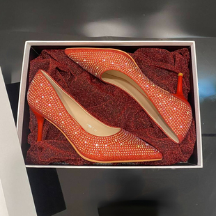 红色高跟鞋女2026新款宴会秀禾礼服新娘婚鞋气质尖头水钻细跟单鞋