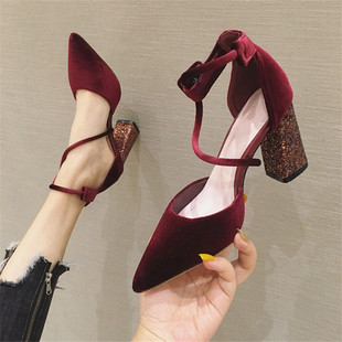 2024新款拼色粗跟黑色百搭交叉绑带单鞋中空O一字扣尖头亮片高跟