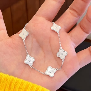 S925纯银天然白贝母四叶草五花手链女新款百搭轻奢高级感项链女潮