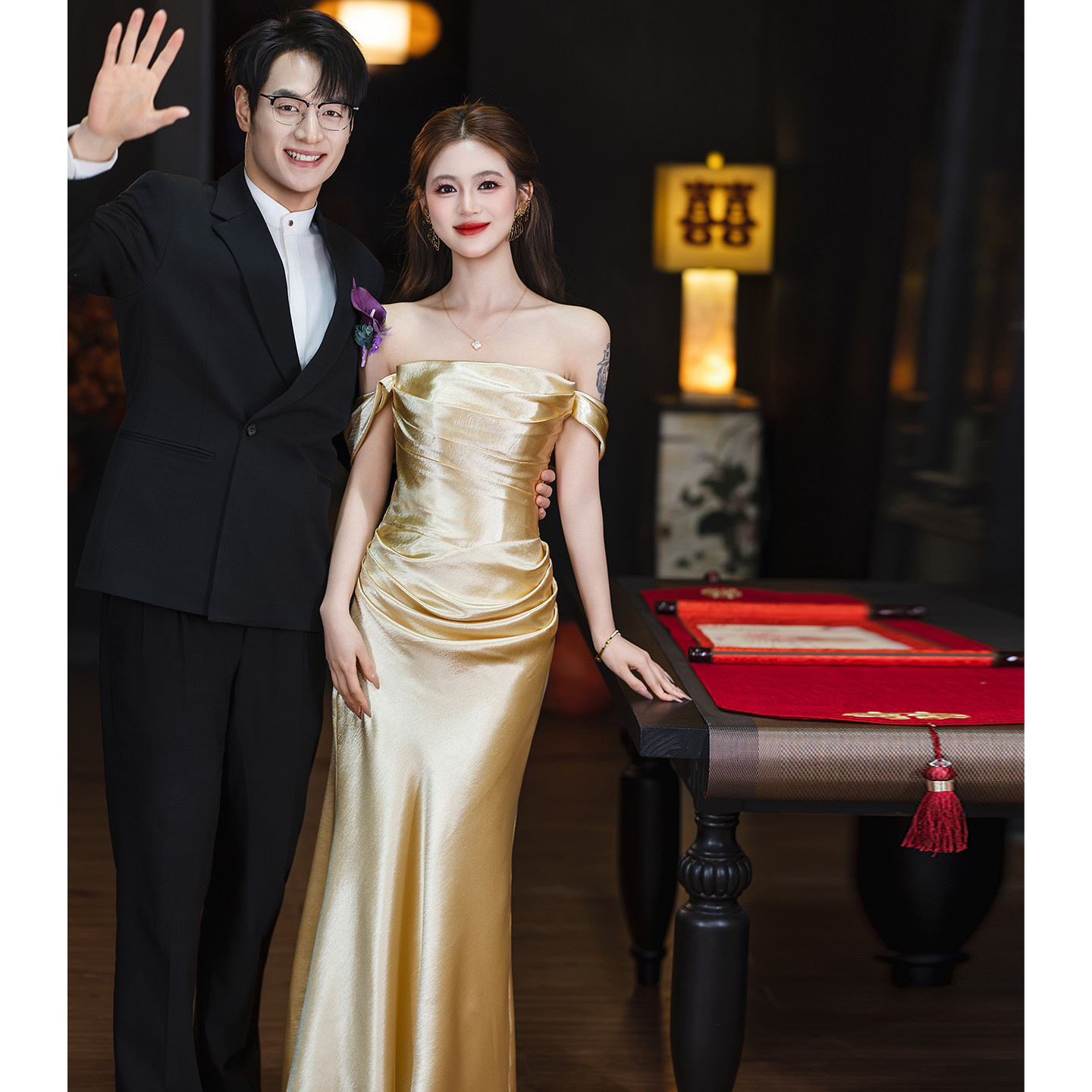 新娘晨袍法式鱼尾长款订婚礼服