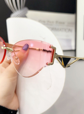 无边框猫眼黑色墨镜女防紫外线大脸显瘦高级感太阳镜沙滩游玩街拍