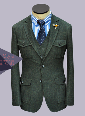 军绿色人字纹羊毛粗花呢tweed 猎装多口袋美式复古修身男西装外套
