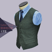 男西装 ZBTO原创军绿色羊毛人字纹粗花呢tweed英式 复古修身 马甲夹