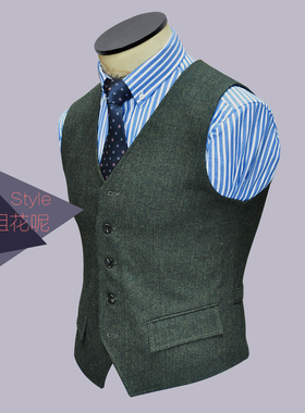 ZBTO原创军绿色羊毛人字纹粗花呢tweed英式复古修身男西装马甲夹