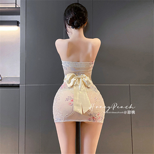 HP：永远明媚 性感抹胸露背印花透视蝴蝶结和服连衣裙包臀短裙女