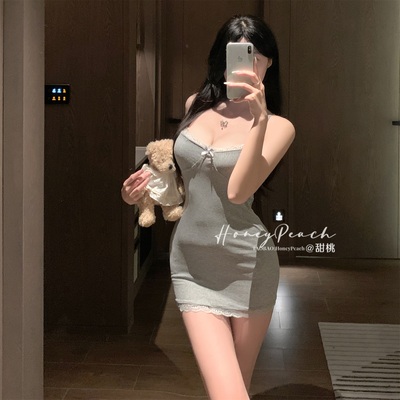 纯欲蕾丝边包臀吊带裙女无袖短裙