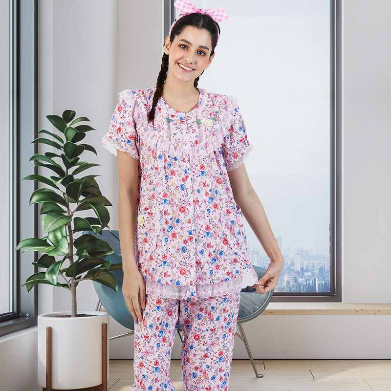 欣琦丝夏纯棉印花蕾丝睡衣田园花朵圆领短袖七分裤女家居服11003