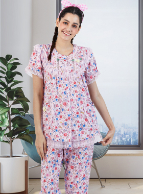 欣琦丝夏纯棉印花蕾丝睡衣田园花朵圆领短袖七分裤女家居服11003